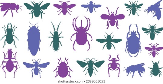 different poses of insects colorful  silhouette