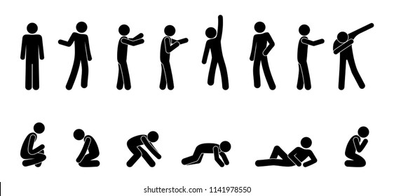 different poses, a man stands, sits and lies, simple pictograms, icons of human figures, a set of silhouettes of a stick figure