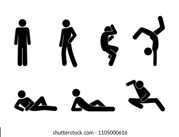 different poses and movements, stick figure man icon, silhouette human, gymnastics exercises and dance, vector isolated pictograms set, people stand, lie