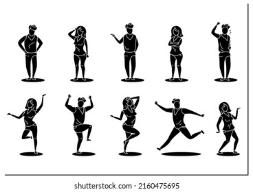 Different poses people glyph icons set. Consists of woman and man dance, waving, unsatisfied people, buggy dance. Raised arm up. Filled flat sign. Isolated silhouette vector illustrations