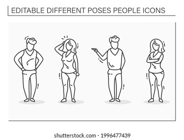 Different poses people line icons set. Woman and man confused, unsatisfied people. People poses concept. Isolated vector illustrations