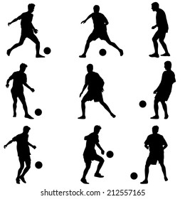Different poses silhouettes of soccer players with the ball. Vector illustration.