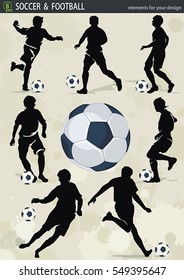 Different poses of soccer action players and ball, vector silhouette. Football design elements for Web. Abstract figure for sport template, eps8