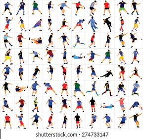 Different  poses of soccer players vector isolated  on white background. Very high quality detailed soccer football editable  players cutout outlines. Soccer  game sportsman collection. Football game.