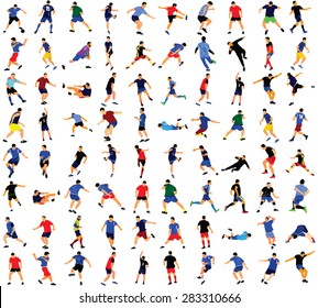 Different  poses of soccer players vector isolated  on white background. Very high quality detailed soccer football editable  players cutout outlines. Soccer  game sportsman collection. Football game.