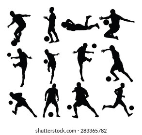 Different poses of soccer players vector silhouette isolated on white background. Football  players.