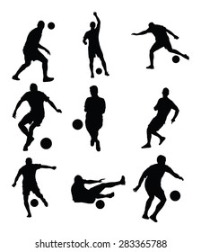 Different poses of soccer players vector silhouette isolated on white background. Football  players.