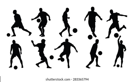 Different poses of soccer players vector silhouette isolated on white background. Football  players.