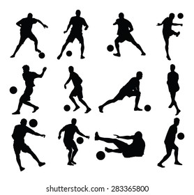 Different poses of soccer players vector silhouette isolated on white background. Football  players.