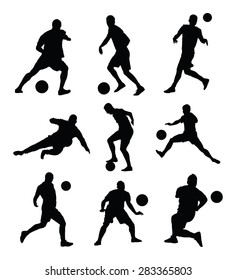 Different poses of soccer players vector silhouette isolated on white background. Football  players.