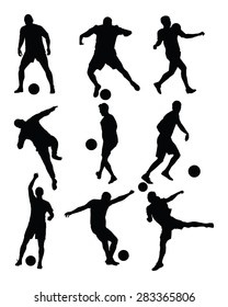 Different poses of soccer players vector silhouette isolated on white background. Football  players.