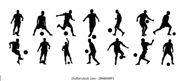 Different poses of soccer players vector silhouette illustration isolated on white background. Football players silhouette.