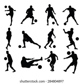 Different poses of soccer players vector silhouette illustration isolated on white background. Football players silhouette.