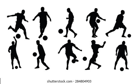 Different poses of soccer players vector silhouette illustration isolated on white background. Football players silhouette.