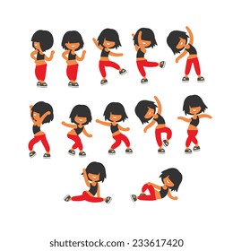 Different poses, sporty dancing girl in red sports pants, black color short hairstyle. Cartoon flat minimalism, kid style character, vector illustration set. 