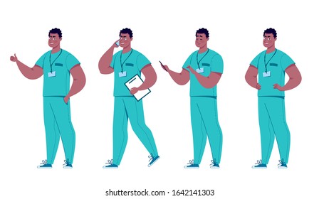 Different poses of a surgeon or paramedic in a set. Medical care concept. A friendly and caring doctor consults the patient in person or by phone.