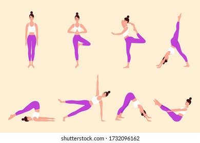 Different poses of yoga. Collection of young woman performing physical exercises. Bundle of female cartoon character