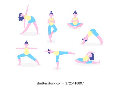Different poses yoga set isolated on white background. Pregnant woman practicing healthy lifestyle and relaxation concept. Vector illustration 