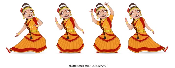 Different Poses Of Young Women Performing Kuchipudi Dance In Traditional Attire.