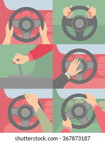 Different position of the hands on the steering wheel of the car.