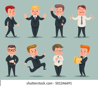 Different Positions and Actions Businessman Character Icons Set Retro Cartoon Design Vector Illustration