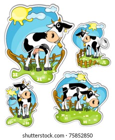 different positions of little black and white cow in grassland : vector stickers