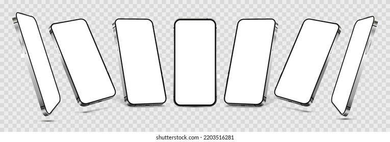 Different positions of mobile phones, left and right with a blank screen. 3D mockups of realistic frameless smartphones in different perspective angles. 3D cellphone template - vector collection