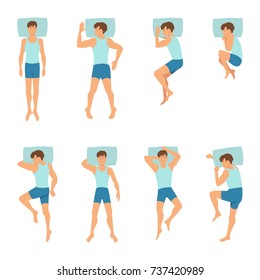 Different positions of sleeping man. Top view vector illustrations. Man position comfortable for sleep and relax