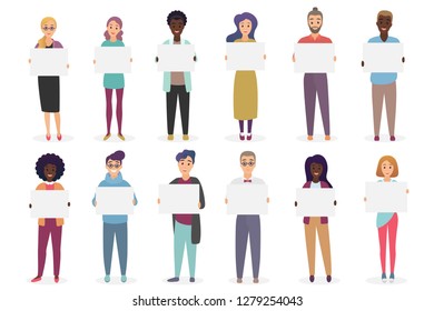 Different positive smiling people are holding placards for text. A sheet of paper in the hands of man and woman set vector illustration.
