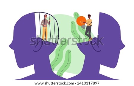 Different possibilities concept. Abstract silhouettes of head with people. Man with light bulb and young guy in cage, inner prisoner. Cartoon flat vector illustration isolated on white background