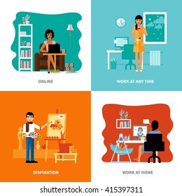 Different possibilities of freelancers set includes inspiration work at home online at any time isolated vector illustration