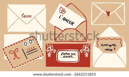 Different postal cards and envelopes. Set of love letters. Hand drawn modern Vector illustration. Isolated design elements. Message, Valentines day card, romantic mailing concept