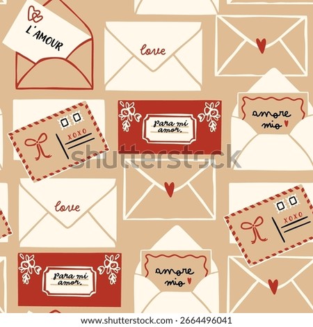 Different postal cards and envelopes. Set of love letters. Hand drawn modern Vector illustration. Message, Valentines day card, romantic mailing concept. Square seamless Pattern, background, wallpaper