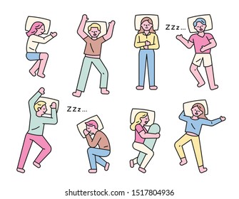 Different postures of sleeping people. flat design style minimal vector illustration.