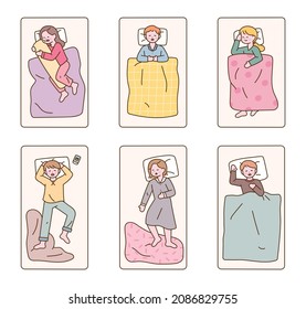 Different postures of sleeping people. flat design style vector illustration.