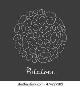 Different potato varieties composed in circle shape with lettering on the blackboard. Hand drawn outline illustration.