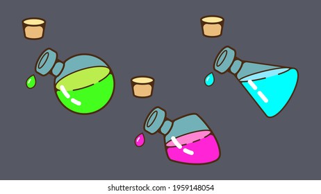 Different potions are poured from the cones. Isolated vector image in eps format.