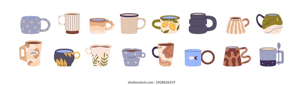 Different pottery cups set. Various handmade tea mugs with cute print. Decorated ceramic teacups for hot drinks. Colored ornamented kitchenware for coffee. Flat isolated vector illustration on white