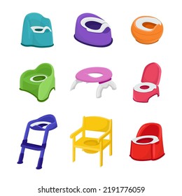 Different potty chairs for babies vector illustrations set. Training toilet seats for kids, furniture for lavatory or baby room isolated on white background. Childhood, hygiene concept
