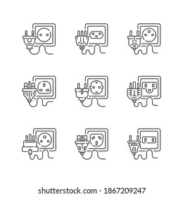 Different power outlets linear icons set. Sockets with multiple pins. Electricity cables. Cable types. Customizable thin line contour symbols. Isolated vector outline illustrations. Editable stroke