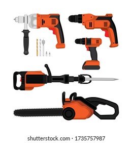 Different power tools realistic vector illustrations set: jackhammer,  various drills and chain saw. 