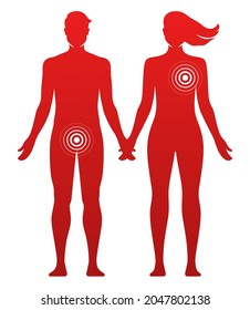 Different preferences in romantic or sexual relations, concept vector illustration. Man and woman standing hand in hand with circle signs in different body parts.