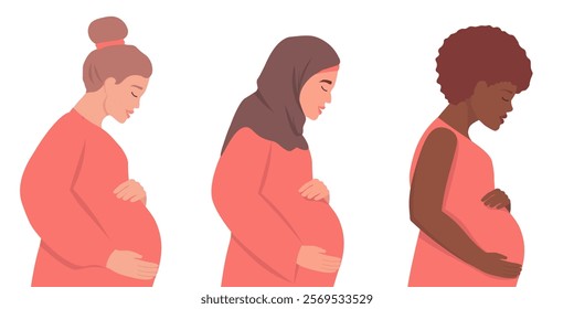 Different pregnant women in profile. The expectant mother in a hijab, with dark skin. Vector graphics.