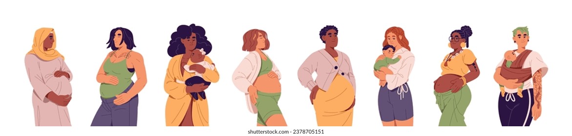 Diferentes mujeres embarazadas se ponen. Madres esperadas de pie, apoyo al vientre. Feliz mamá moderna sostiene a un bebé recién nacido en honda. Vida de maternidad. Ilustración del vector aislado del embarazo sobre fondo blanco