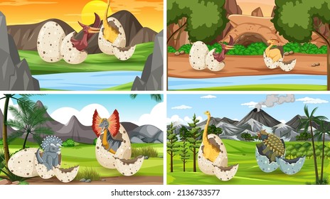 Different prehistoric forest scenes with dinosaur cartoon illustration
