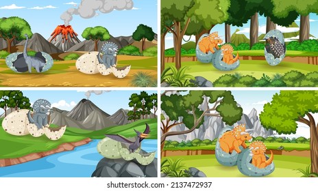 Different prehistoric forest scenes with dinosaur cartoon illustration