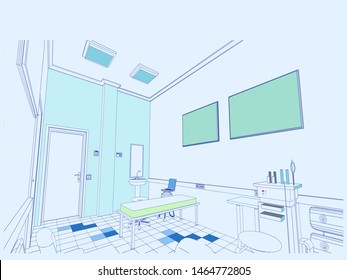 Different premises of the clinic, hospital, treatment room, medical equipment, tests, treatment. Vector.