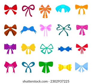 Different present bows, gift bow various colors. Vintage fancy ribbons for surprise, christmas or birthday decor. Isolated flat cartoon neoteric vector clipart