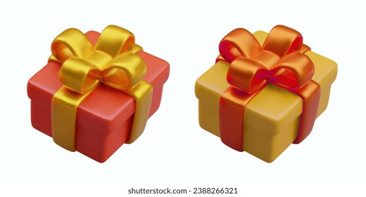 Different presents in red and orange colors. Christmas gifts for family. Gift box in realistic style Holiday presents. Vector illustration in 3d style
