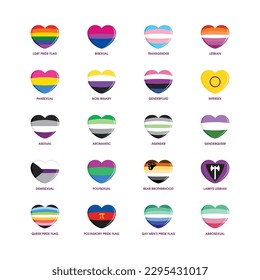 Different pride flag meanings icon set vector. LGBTQIA flag in heart shape collection vector. Pride flags with names design elements. Different types of gender flags isolated on a white background